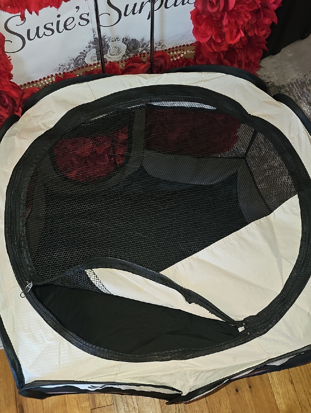 Collapsible Mesh Small Pet Playpen - Black and Cream Like NEW